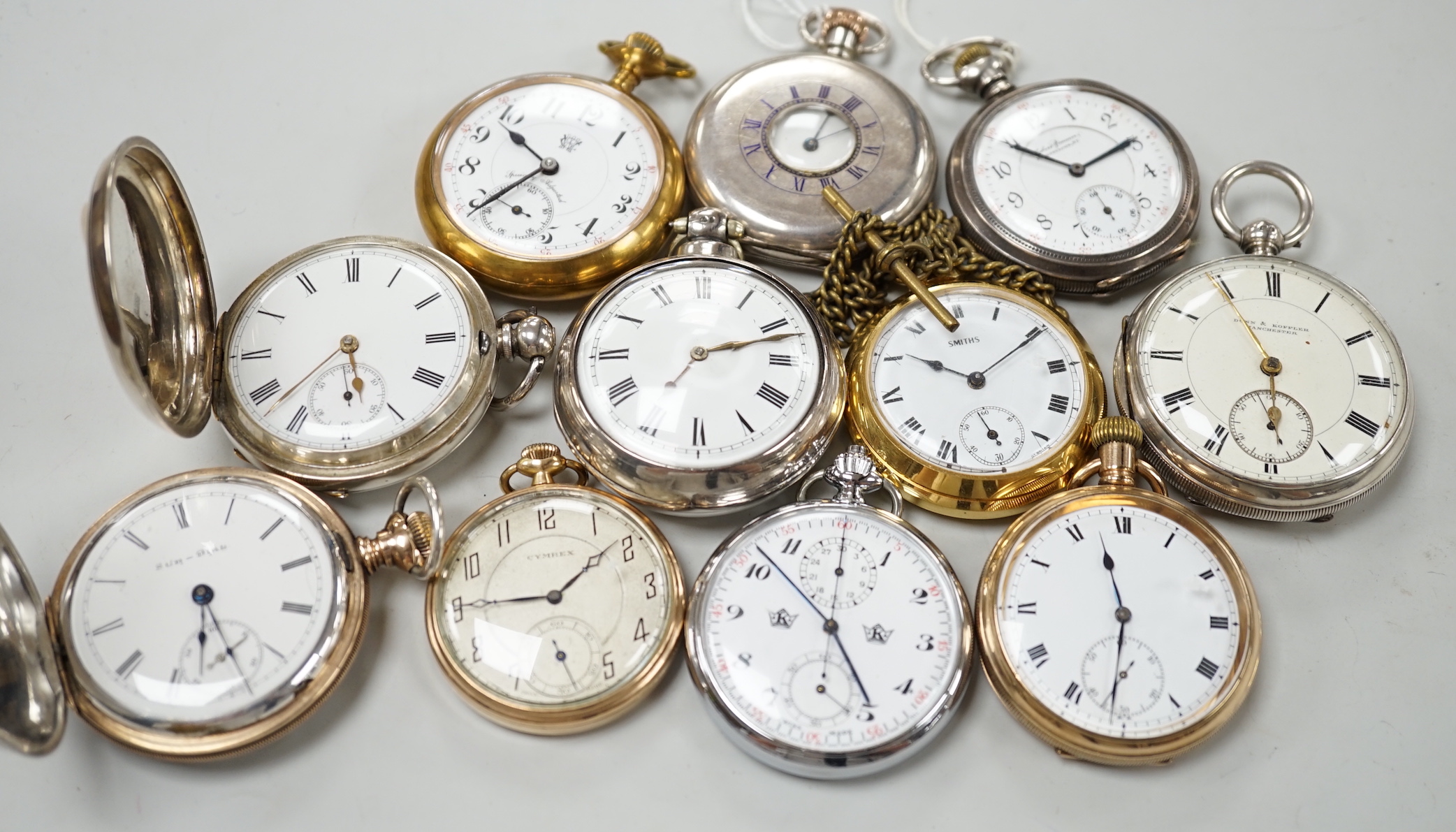 Eleven assorted silver or base metal pocket watches including Cymrex, Sun-Dial with decorated case and silver half hunter.